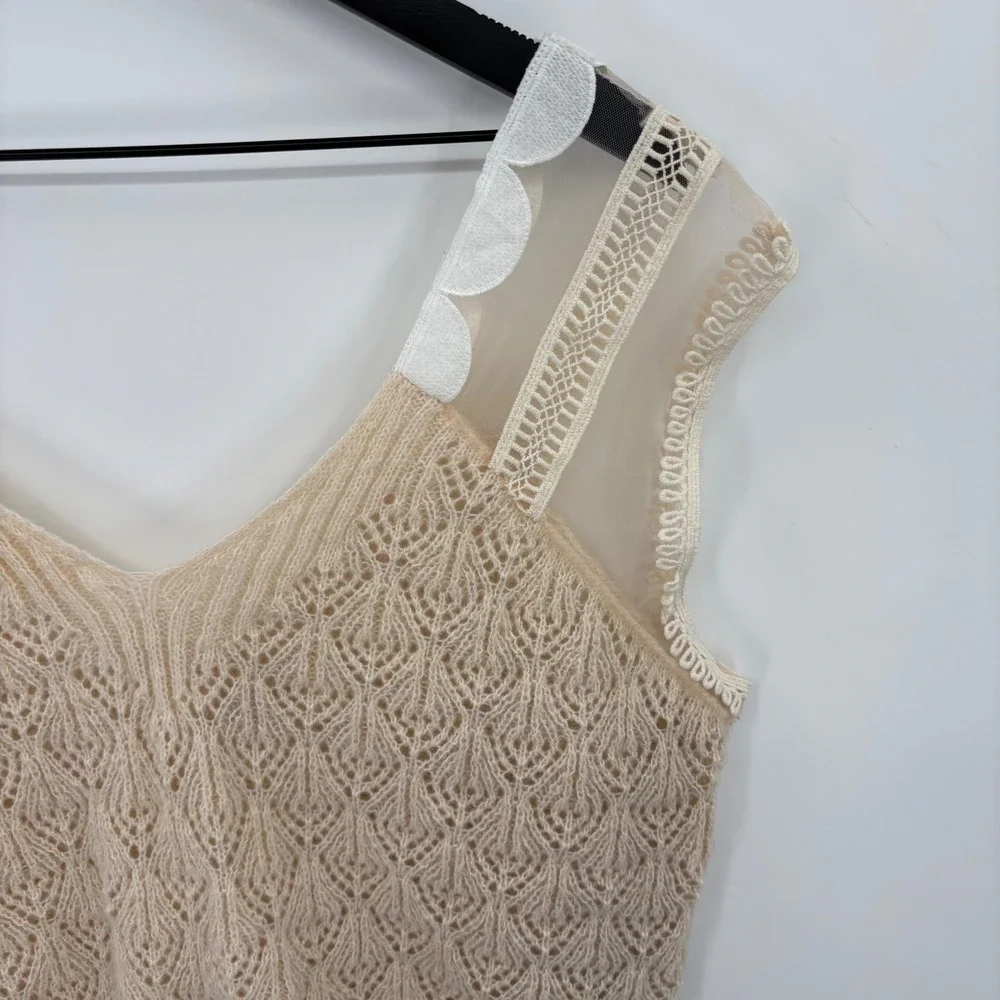 Beige Knit Sleeveless Sweater Tank with Mesh Straps